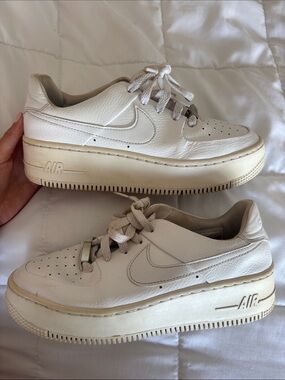 Nike Women’s Cream and White Airforce 1 Platform Sneakers Size 7.5